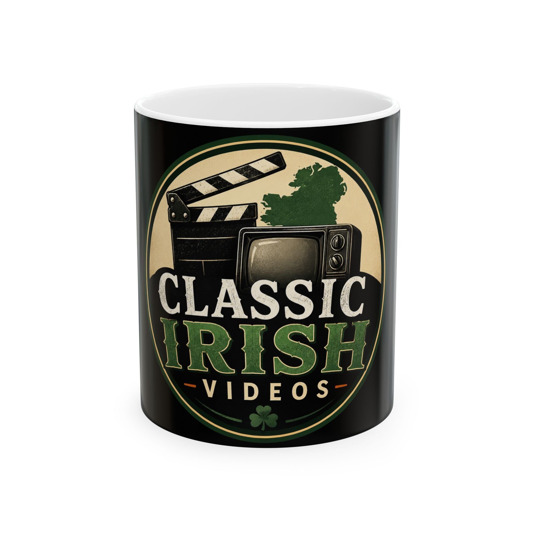 Classic Irish Videos Ceramic Mug – Retro TV & Clapperboard St. Patrick’s Coffee Cup