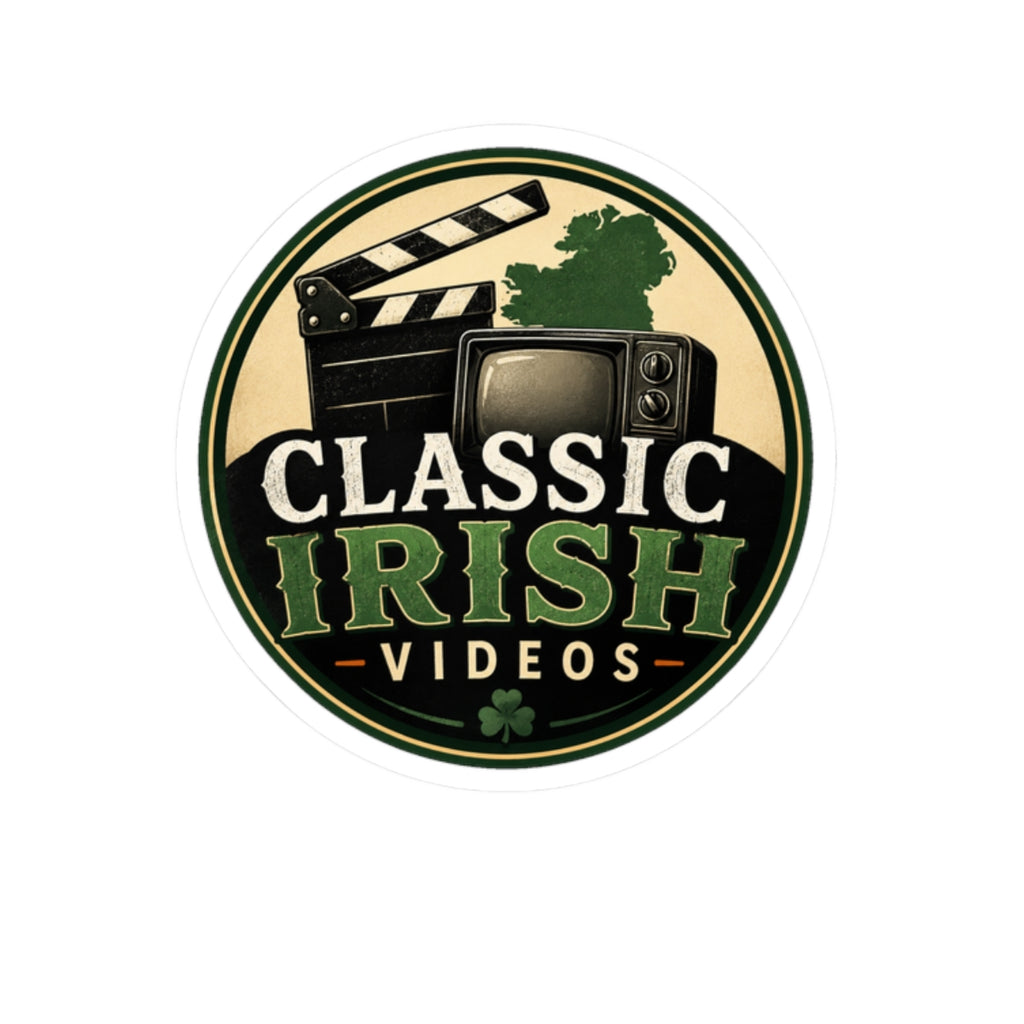Classic Irish Videos Sticker — Retro TV & Clapper Logo Kiss-Cut Vinyl